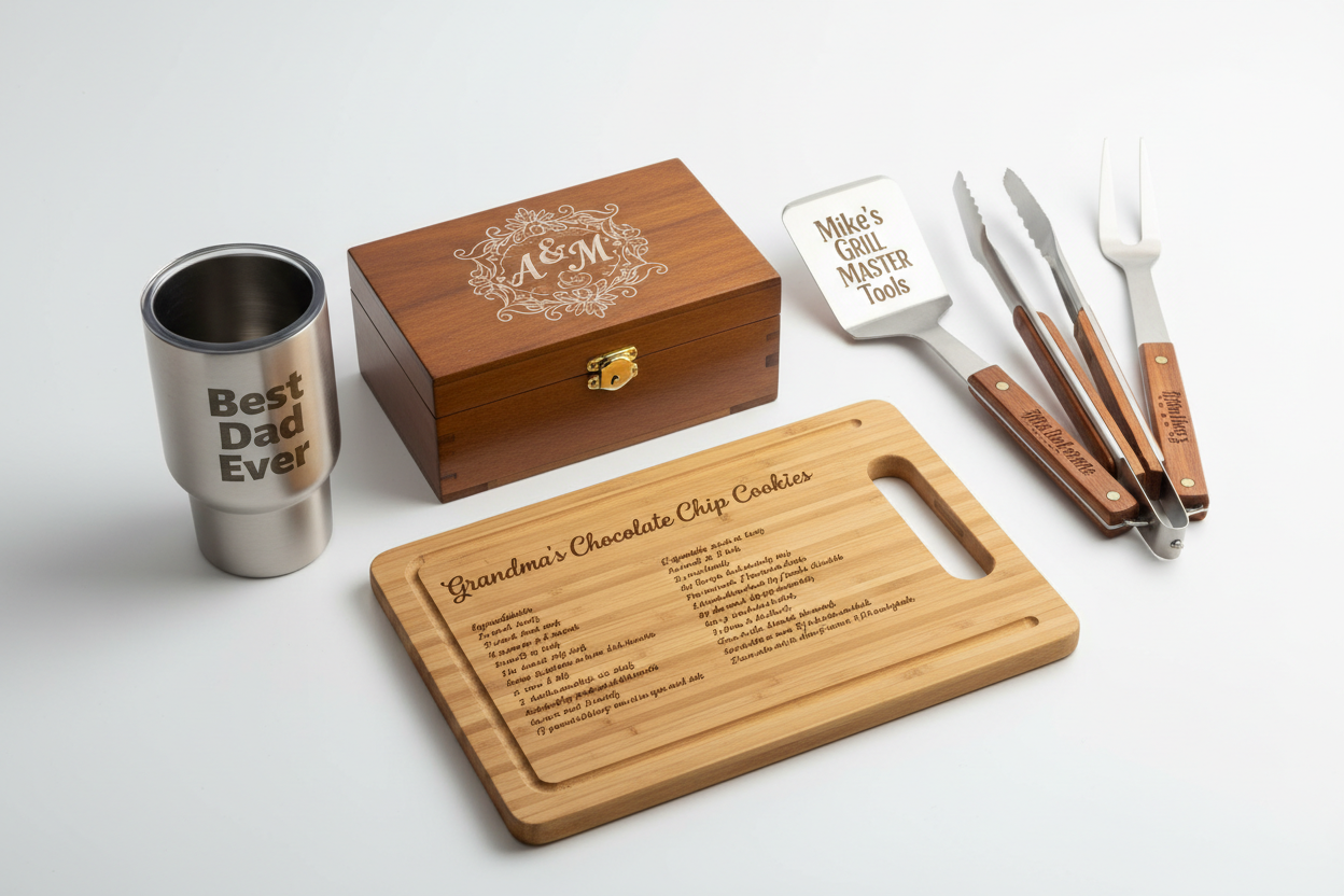 laser engraved gifts like jewelry boxes, mugs, bbq sets, cutting boards. all should have different things engraved on them